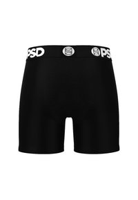 Fekete boxerralszoknya puha, sima tapintású anyagból, légáteresztő hálós résszel és fehér elasztikus derékpánttal, amelyen a "PSD" márkajelzés található.