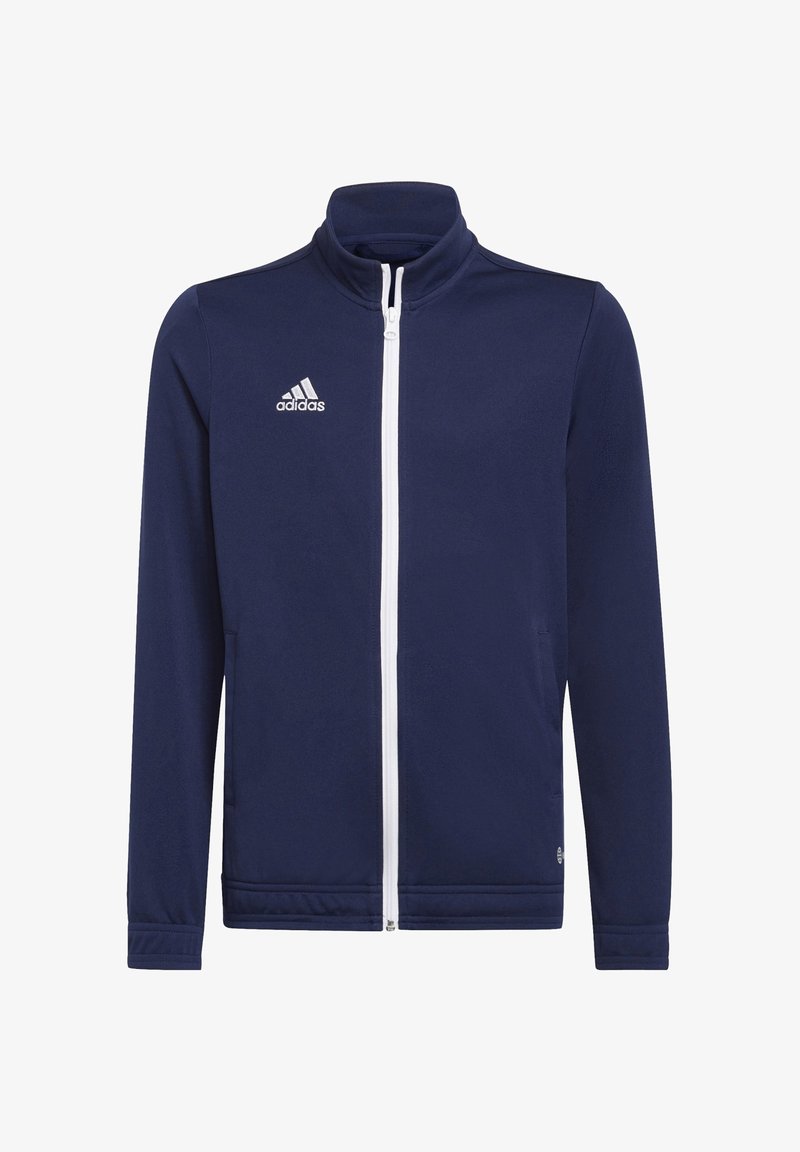Laivaston sininen vetoketjuhuppari, joka on valmistettu pehmeästä kankaasta ja jossa on korkea kaulus, valkoinen vetoketju ja Adidas-logo vasemmassa rinnassa. Kaksi sivutaskua.