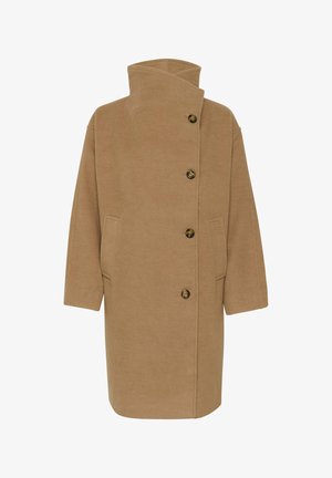 Bezs színű gyapjú keverék kabát magas gallérral, esett vállakkal és egyenes szabással. Nagy gombokkal és oldalsó zsebekkel rendelkezik. Simább textúrájú.