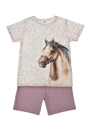 Kinderzweiteiler mit beigem Leopardenprint-Oberteil mit braunem Pferdekopf und einfarbigen mauvefarbenen Shorts.