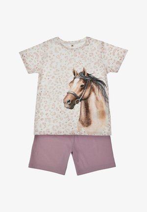 Child’s two-piece outfit with beige leopard print top featuring a brown horse head and solid mauve shorts.