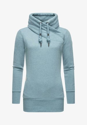 Blue sweatshirt with a cowl neck, long sleeves, and drawstrings. Made of soft, textured fabric, featuring a relaxed fit and ribbed hem.