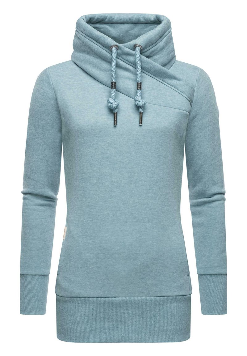Sudadera azul con cuello de cowl, mangas largas y cordones. Confeccionada en un tejido suave y texturizado, presenta un corte relajado y un dobladillo acanalado.