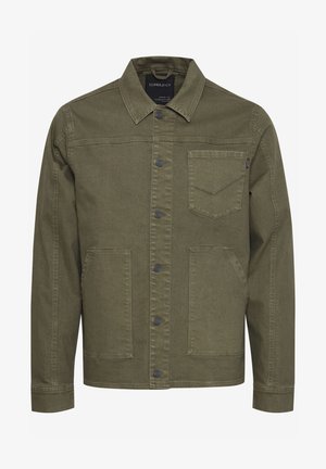 Olijfgroene denim jacket met een knoopsluiting aan de voorkant, puntige kraag, twee borstzakken en twee zijzakken. Voorzien van contrasterende stiksels.