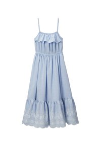 Robe bleu clair avec des fines bretelles, un haut à volants, une taille élastique et une jupe à étages ornée de sorte de dentelle brodée à l'ourlet.