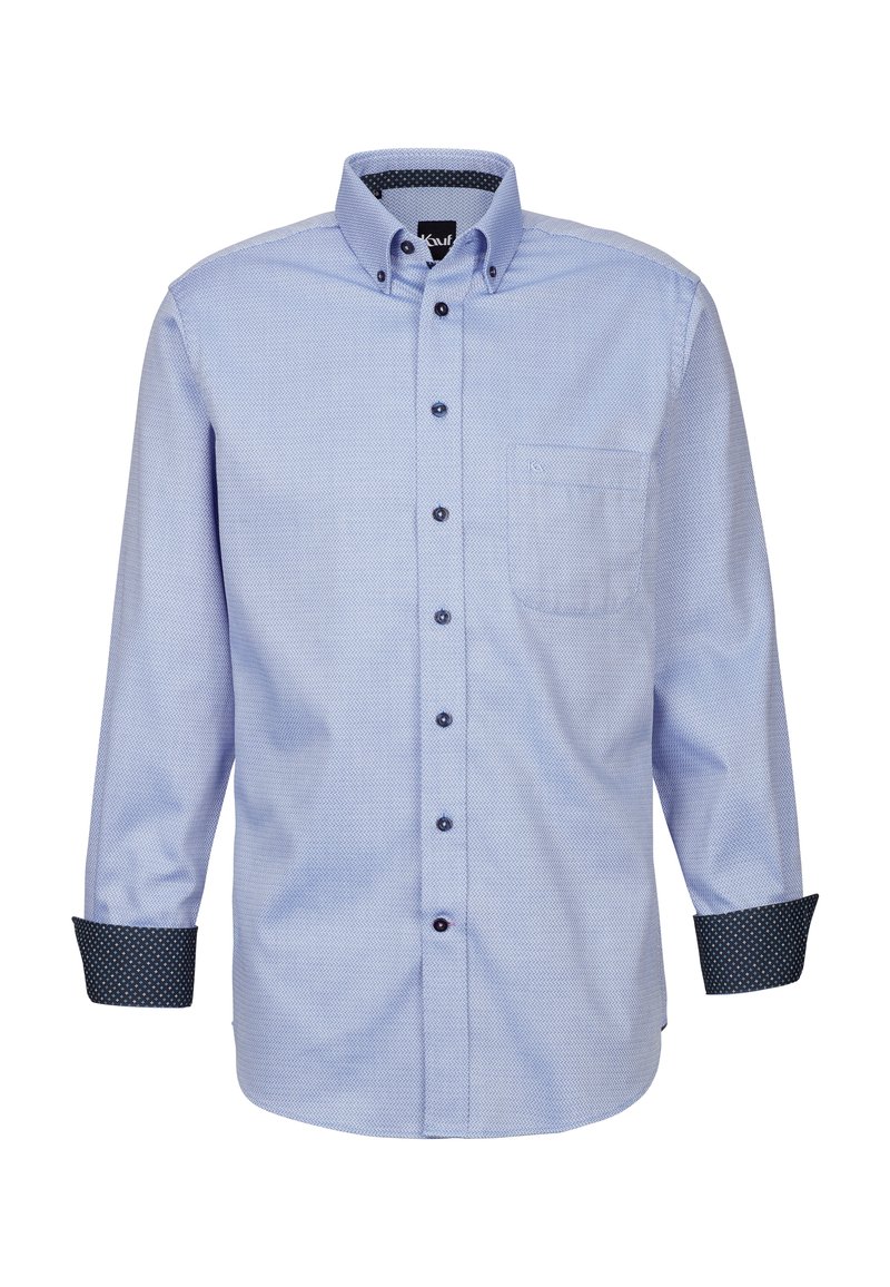 Camicia button-up azzurro chiaro con un motivo sottile, dotata di taschino sul petto e polsini a pois neri. Bottoni neri sul davanti.