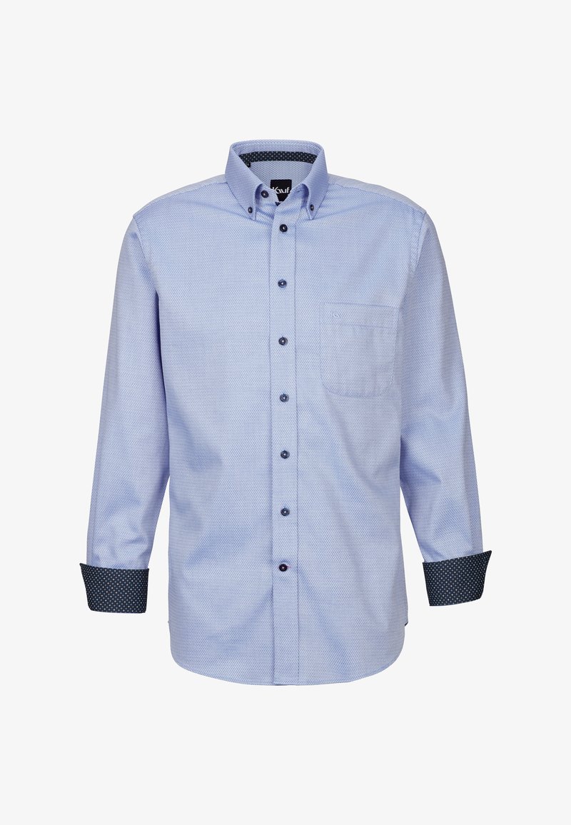 Camicia button-up azzurro chiaro con un motivo sottile, dotata di taschino sul petto e polsini a pois neri. Bottoni neri sul davanti.