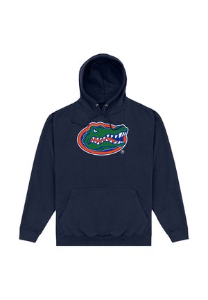 Mørkeblå hættetrøje med frontlomme og en stor farverig alligator-logo centreret på brystet.