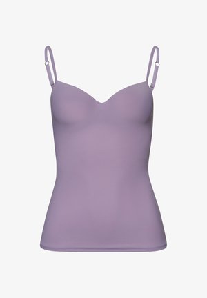 Lila camisole met dunne verstelbare bandjes, een gladde textuur en een aansluitend ontwerp. Heeft een subtiele V-hals en is gemaakt van rekbare stof.