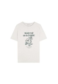 Lichtgrijze T-shirt met korte mouwen met de tekst "MARCHÉ de la DARSE" en een botanische illustratie centraal op de voorkant.