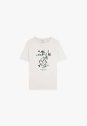 Lichtgrijze T-shirt met korte mouwen met de tekst "MARCHÉ de la DARSE" en een botanische illustratie centraal op de voorkant.