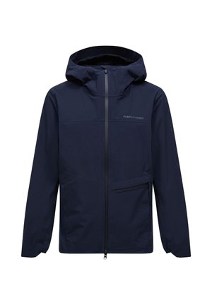 Marineblauwe capuchonjas met rits aan de voorkant, ritszak aan de zijkant en het "Peak Performance"-logo op de borst.