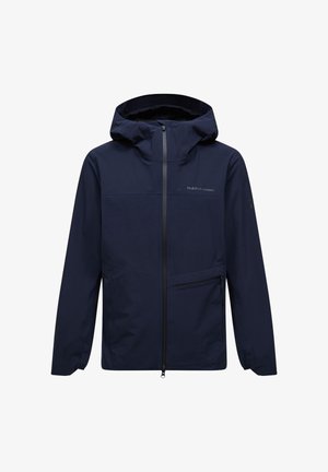 Marineblauwe capuchonjas met rits aan de voorkant, ritszak aan de zijkant en het "Peak Performance"-logo op de borst.