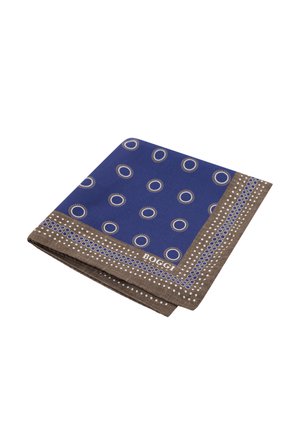 Fazzoletto piegato blu e marrone con motivi circolari bianchi e blu e bordo a pois.