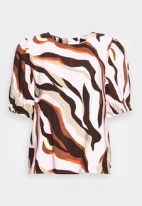 Top a maniche corte in tessuto leggero presenta un motivo astratto multicolore a onde nei toni di rosa, marrone e arancione. Collo rotondo, vestibilità ampia.