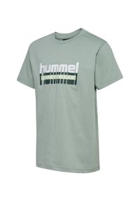 Light green short-sleeve T-shirt with "hummel SPORTSWEAR" logo printed in white and black across the chest.