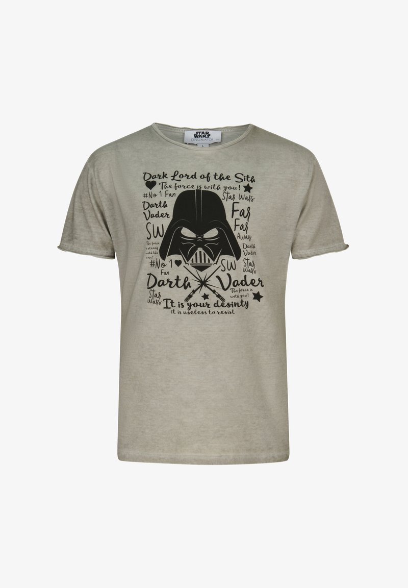 Camiseta de algodón gris claro con un gráfico impreso de Darth Vader y texto en negro, cuello redondo, mangas cortas y corte relajado.