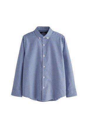 Chemise à manches longues à carreaux bleu et blanc, à boutons, avec col boutonné et boutons blancs, présentée sur un fond blanc.