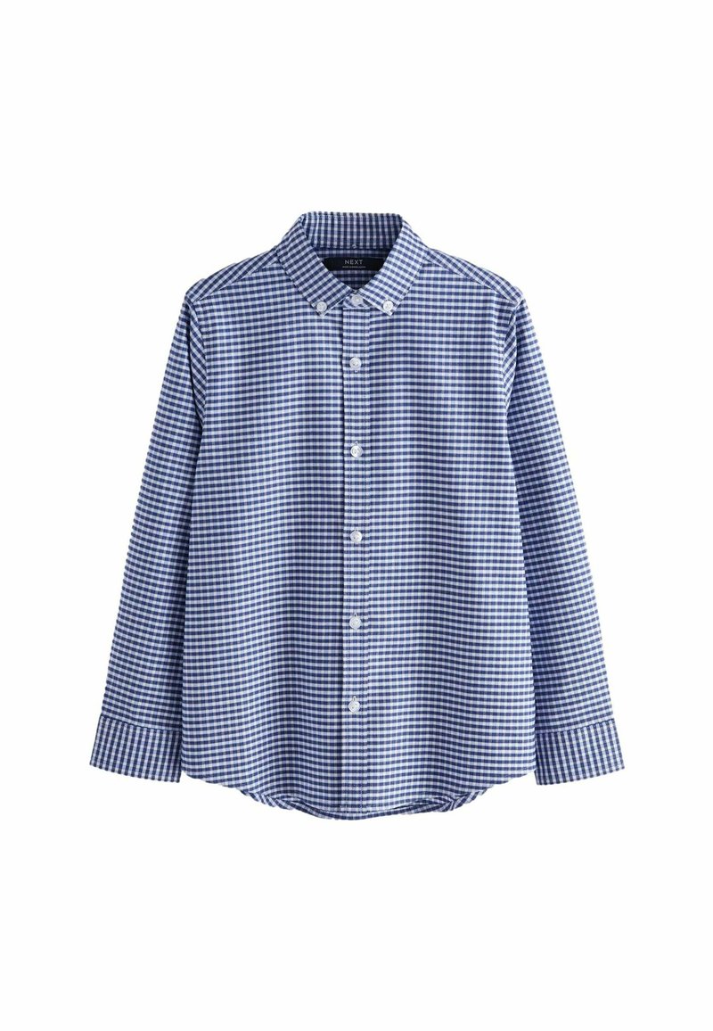 Chemise à manches longues à carreaux bleu et blanc, à boutons, avec col boutonné et boutons blancs, présentée sur un fond blanc.