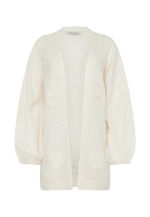 Roomkleurige gebreide cardigan met open voorkant, ballonmouwen en subtiele bloemenpatronen op de voorkant en mouwen.