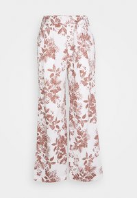 Bloemrijke wijde broek in witte linnen met een roestkleurig bladerenpatroon, voorzien van een tailleband met strik en een losse pasvorm voor comfort.