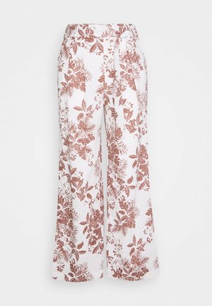 Kwiatowe spodnie szerokie w białym lnie z rdzawym wzorem liści, z wiązaniem w talii i luźnym krojem dla komfortu.