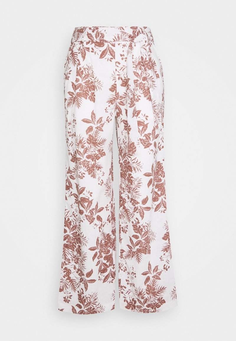Bloemrijke wijde broek in witte linnen met een roestkleurig bladerenpatroon, voorzien van een tailleband met strik en een losse pasvorm voor comfort.