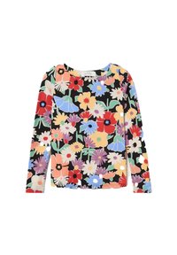 Camisa de manga larga con un patrón floral multicolor sobre un fondo negro, que presenta flores rojas, amarillas, azules, moradas y blancas.