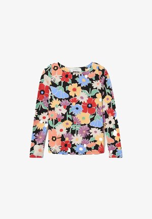 Camisa de manga larga con un patrón floral multicolor sobre un fondo negro, que presenta flores rojas, amarillas, azules, moradas y blancas.