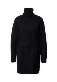 Schwarzes Strickkleid mit hochgeschlossenem, geripptem Kragen, seitlichem Bindegürtel und gerippten Bündchen. Hergestellt aus einem weichen Strickmaterial, bietet es eine entspannte Passform.