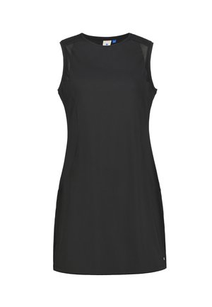 Vestido negro sin mangas hasta la rodilla con escote redondo y cintura ajustada, con detalles sutiles de costuras y acentos de malla en los hombros.