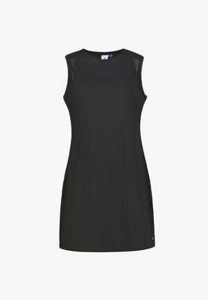 Vestido negro sin mangas hasta la rodilla con escote redondo y cintura ajustada, con detalles sutiles de costuras y acentos de malla en los hombros.