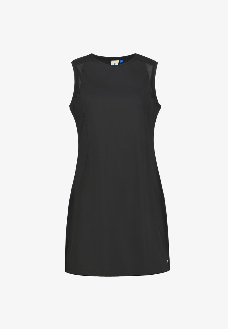 Černé šaty bez rukávů délky ke kolenům s kulatým výstřihem a přiléhavým pasem, s jemnými švovými detaily a síťovanými akcenty na ramenou.