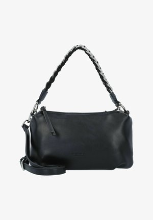 Sac à main en cuir noir avec une bandoulière tressée argentée et noire, fermeture éclair et bandoulière réglable. Présente une texture lisse et un branding minimal.