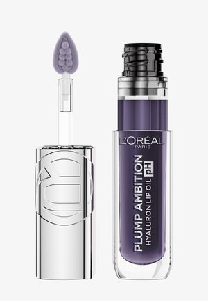 L'Oréal Plum Ambition purple lip oil with hyaluronic acid, featuring a clear bottle and applicator with a soft, pointed sponge tip.