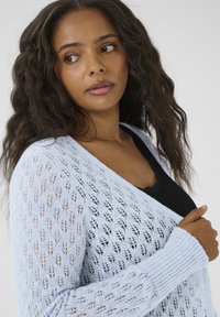Hellblauer gestrickter Cardigan mit einem Spitzenmuster, langen Ärmeln und gerippten Bündchen. Über einem schwarzen Top getragen, das die zarte Textur und das Design zur Geltung bringt.