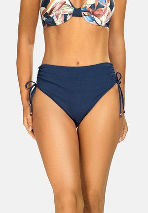 Bikini w wysokim stanem w kolorze granatowym, z marszczeniami po bokach, regulowanymi sznurkami i dekoracyjnymi koralikami. Gładki, elastyczny materiał.