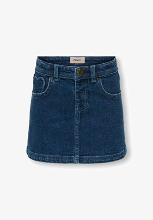 Tumši zila džinsu svārku ar pieguļošu jostu, priekšējo pogu aizdari un sirds formas kabatu detalizāciju kreisajā pusē.