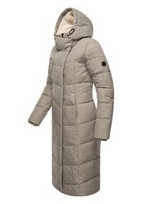 Lang, grijze pufferjas met een capuchon, met een gewatteerde structuur, zijzakken en een zachte binnenvoering.