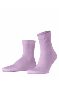 Fliederfarbene Crew-Socken mit geripptem Bündchen, glatter Textur und verstärkter Zehenpartie. Entwickelt für Komfort und Langlebigkeit.