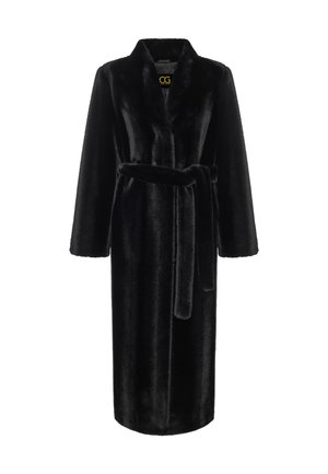 Schwarzer Kunstpelz-Robe mit langen Ärmeln, Taillengürtel und einem Schalkragen. Verfügt über eine glatte Textur und ein knielanges Design.