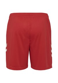 Rote Sportshorts mit weißen Chevron-Streifen an den Seiten und einem elastischen Bund, von hinten vor weißem Hintergrund gezeigt.