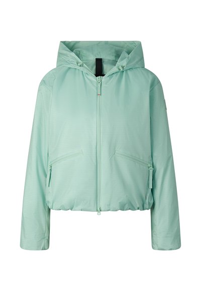 Light green hooded jacket with front zipper, two zippered side pockets, and elasticated hem, displayed on a plain white background.