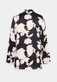 Schwarze Bluse mit einem floralen Muster in zartem Rosa und Creme. Verfügt über einen Kragen und lange Ärmel und ist aus einem glatten, leichten Stoff gefertigt.