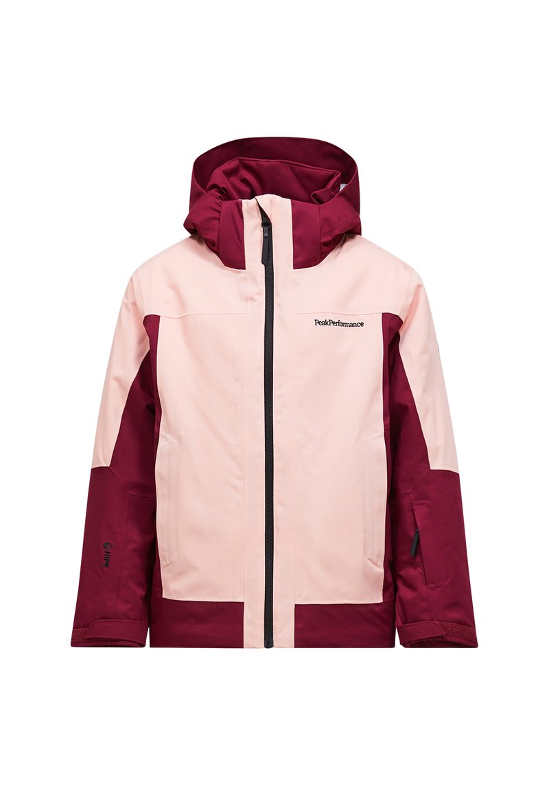 Giacca impermeabile bicolore caratterizzata da pannelli rosa chiaro e bordeaux. Cappuccio con design regolabile, zip nera e logo sul petto.