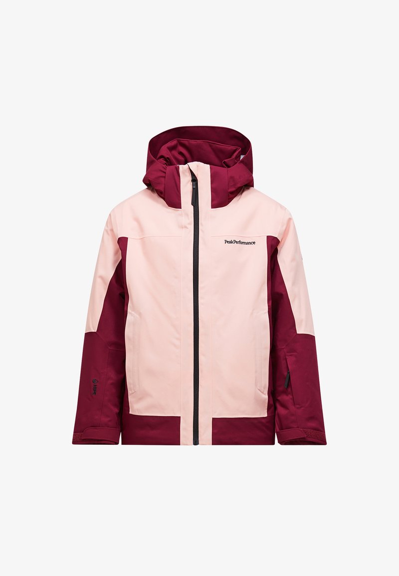 Giacca impermeabile bicolore caratterizzata da pannelli rosa chiaro e bordeaux. Cappuccio con design regolabile, zip nera e logo sul petto.