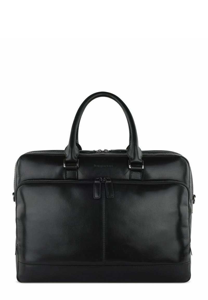 Black leather briefcase with dual top handles, zipper closure, and front pocket. Smooth texture, minimalist design, and subtle branding visible.