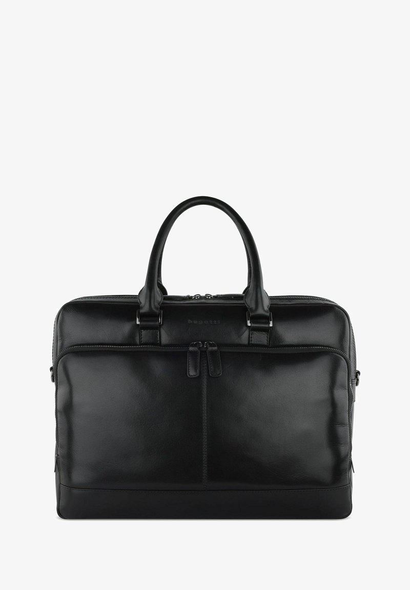 Malette en cuir noir avec poignées supérieures doubles, fermeture zippée et poche avant. Texture lisse, design minimaliste et branding subtil visible.