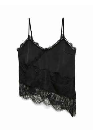 Must kamisol pitsilise servaga. Satiinilaadne ülemine kangas, reguleeritavad rihmad ja asümmeetriline pitsiline detail ääres. Peen keerukas pitsimuster.