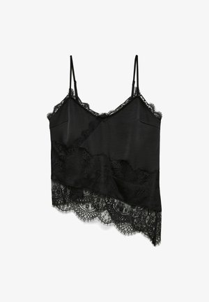 Must kamisol pitsilise servaga. Satiinilaadne ülemine kangas, reguleeritavad rihmad ja asümmeetriline pitsiline detail ääres. Peen keerukas pitsimuster.